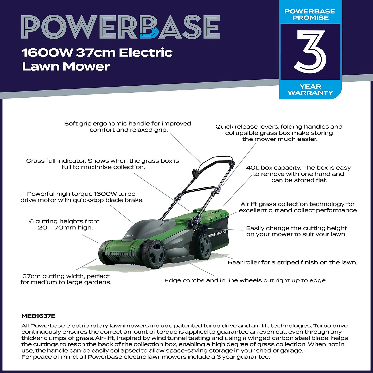 Powerbase 1600W Electric Lawn Mower - 37cm 4 Powerbase 1600W Electric Lawn Mower - 37cm - Image 2