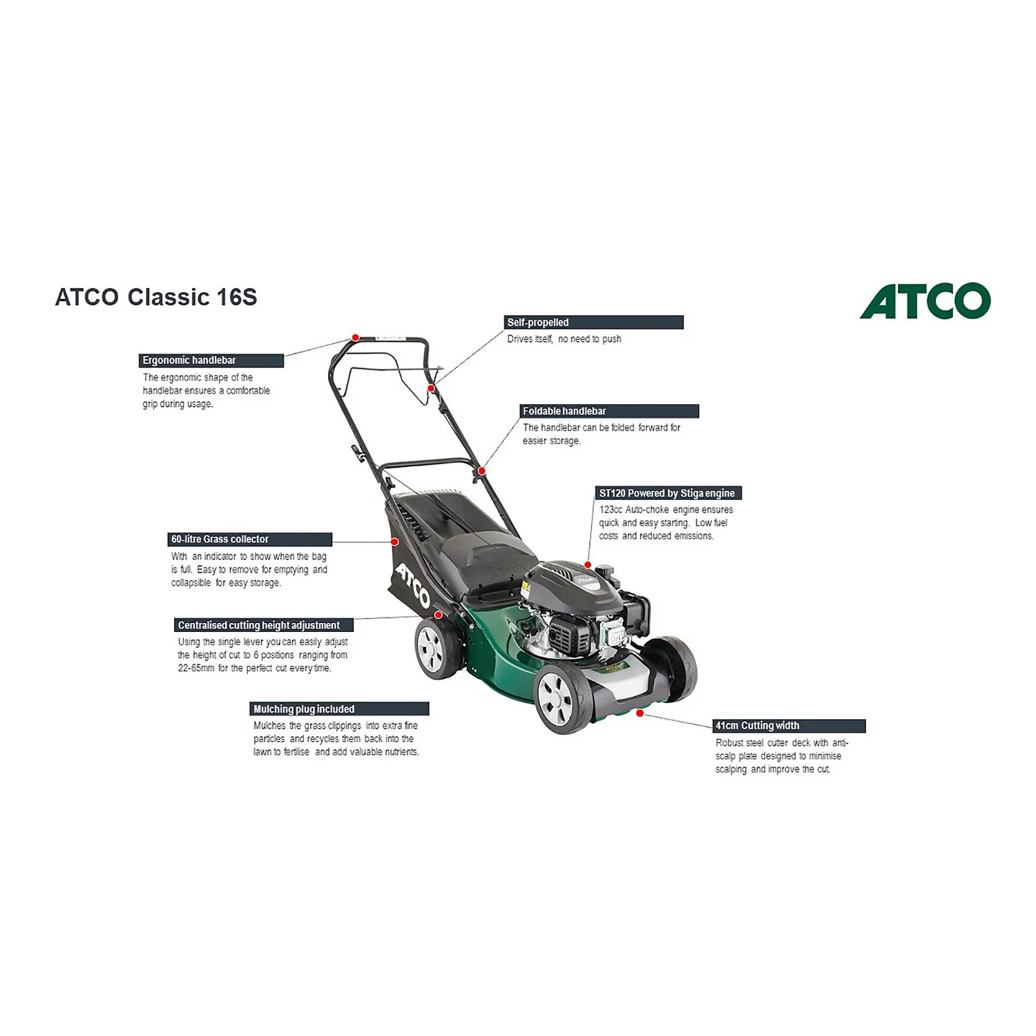 Atco 123ccc Classic 16S Petrol Lawn Mower - 41cm 5 Atco 123ccc Classic 16S Petrol Lawn Mower - 41cm - Image 3