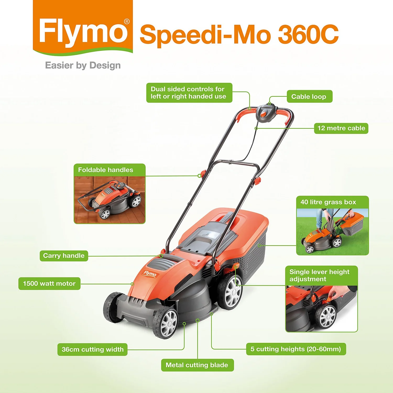 Flymo 1500W Speedi Mo 360C Electric Lawn Mower - 36cm 5 Flymo 1500W Speedi Mo 360C Electric Lawn Mower - 36cm - Image 3